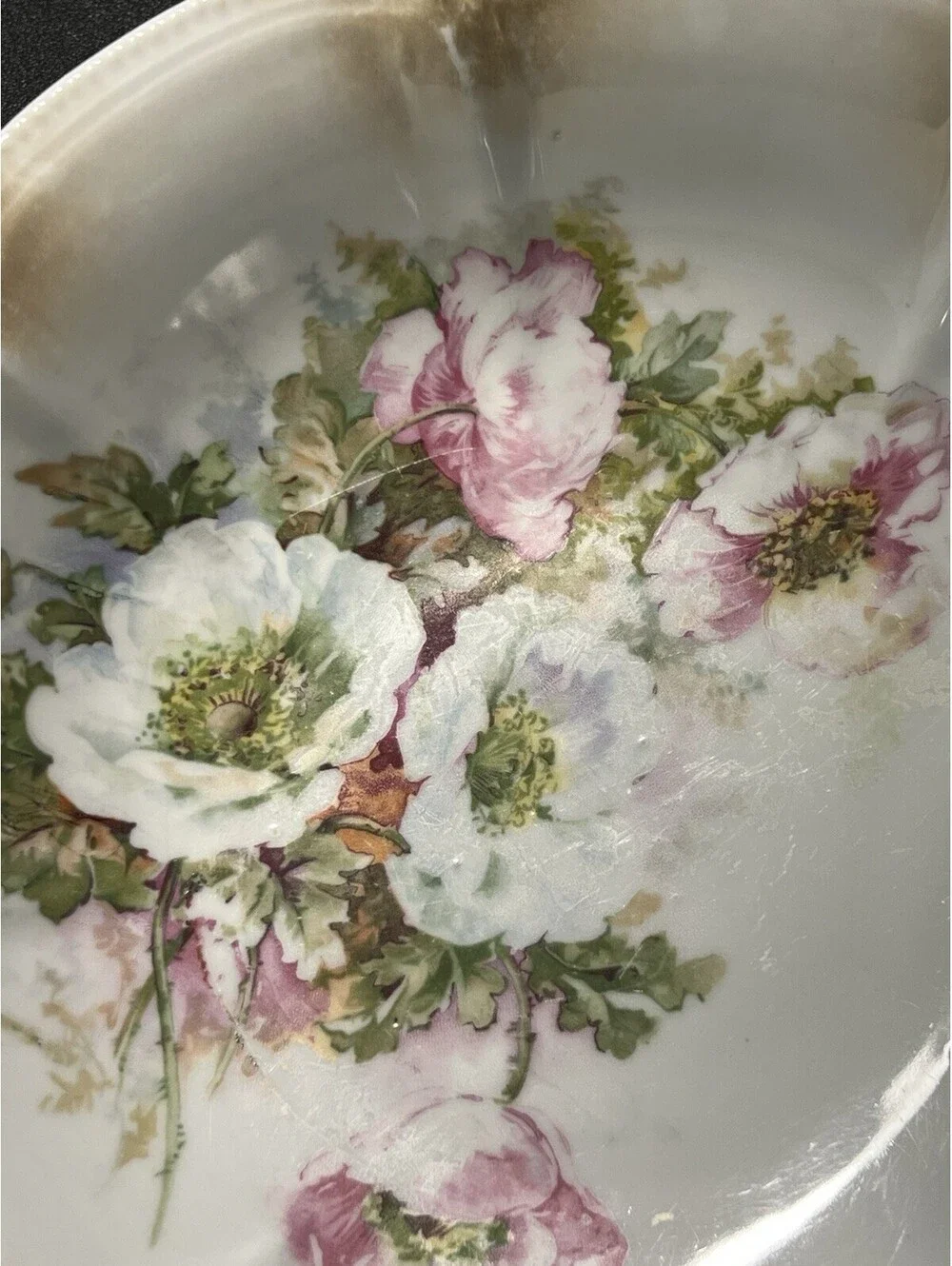 German Antique 1910s Poppy Floral Porcelain Scalloped Bowl, 9x2.5”